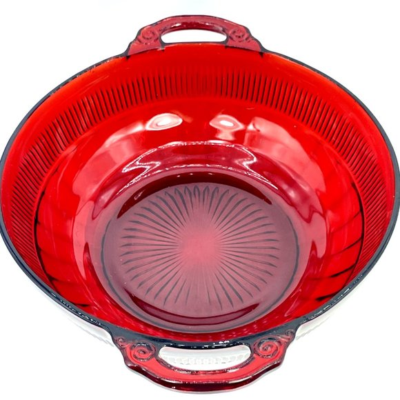 Anchor Hocking Coronation Ruby Red Depression Glass Serving Bowl w Handles 9.5” - Picture 5 of 9